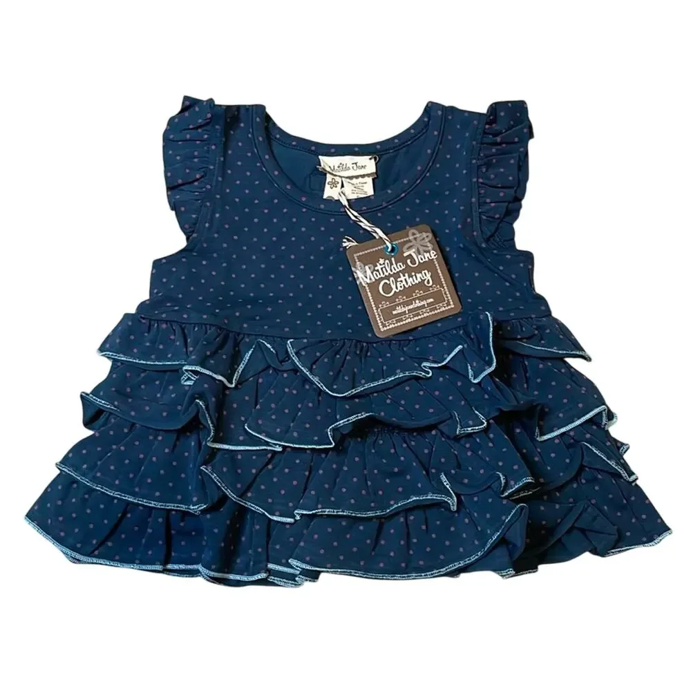 Matilda Jane Baby Girl Lizzy Flutter sleeve Top Ruffles Polka Dots Navy 12 mo